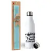 Easter Set, metallic stainless steel water bottle (750ml) & aromatic flat Easter candle (30cm) (TURQUOISE)