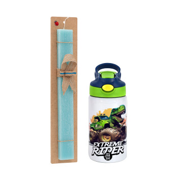 Extreme rider Dyno, Πασχαλινή Λαμπάδα με Παιδικό παγούρι θερμό, ανοξείδωτο, με καλαμάκι ασφαλείας, πράσινο/μπλε (350ml) & κερί αρωματικό πλακέ (30cm) (ΤΙΡΚΟΥΑΖ)