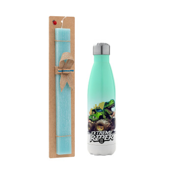 Extreme rider Dyno, Πασχαλινή Λαμπάδα με Μεταλλικό παγούρι θερμός Πράσινο/Λευκό (Stainless steel), διπλού τοιχώματος, 500ml & κερί αρωματικό πλακέ (30cm) (ΤΙΡΚΟΥΑΖ)