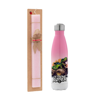 Extreme rider Dyno, Πασχαλινή Λαμπάδα με Μεταλλικό παγούρι θερμός Ροζ/Λευκό (Stainless steel), διπλού τοιχώματος, 500ml & κερί αρωματικό πλακέ (30cm) (ΡΟΖ)