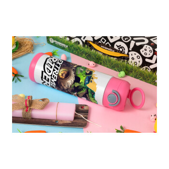 Extreme rider Dyno, Πασχαλινή Λαμπάδα με Παιδικό παγούρι θερμό, ανοξείδωτο, με καλαμάκι ασφαλείας, ΡΟΖ (500ml)