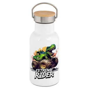 Extreme rider Dyno, Μεταλλικό παγούρι θερμός (Stainless steel) Λευκό με ξύλινο καπακι (bamboo), διπλού τοιχώματος, 350ml