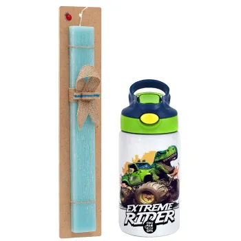 Extreme rider Dyno, Easter Set, Children's thermal stainless steel bottle with safety straw, green/blue (350ml) & aromatic flat Easter candle (30cm) (TURQUOISE)