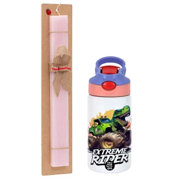 Extreme rider Dyno, Easter Set, Children's thermal stainless steel water bottle with safety straw, pink/purple (350ml) & Easter scented flat candle (30cm) (PINK)