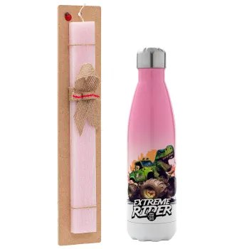 Extreme rider Dyno, Easter Set, Metallic pink/white (Stainless steel) thermos, double-walled, 500ml & aromatic flat Easter candle (30cm) (PINK)