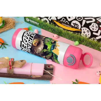 Extreme rider Dyno, Easter candle, Childrens hot water bottle, stainless steel, with safety straw, PINK (500ml)