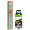 Easter Set, Children's thermal stainless steel bottle with safety straw, green/blue (350ml) & aromatic flat Easter candle (30cm) (TURQUOISE)