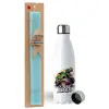 Easter Set, metallic stainless steel water bottle (750ml) & aromatic flat Easter candle (30cm) (TURQUOISE)