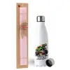 Easter Set, metallic stainless steel water bottle (750ml) & scented flat Easter candle (30cm) (PINK)