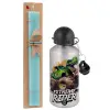 Easter Set, metallic silver aluminum water bottle (500ml) & scented flat Easter candle (30cm) (TURQUOISE)