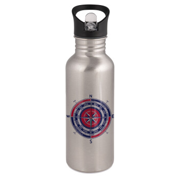 Wind compass, Water bottle Silver with straw, stainless steel 600ml