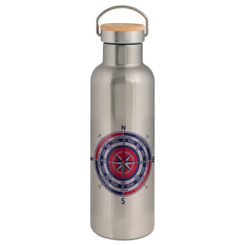 Wind compass, Stainless steel Silver with wooden lid (bamboo), double wall, 750ml