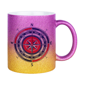 Ανεμολόγιο χάρτης πυξίδα ναυτικού, Κούπα Χρυσή/Ροζ Glitter, κεραμική, 330ml