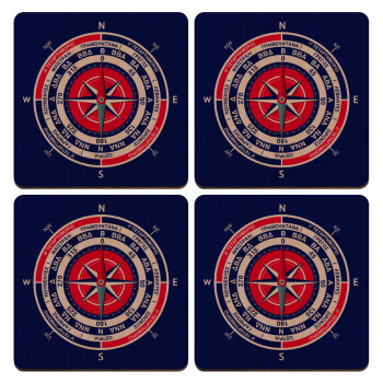 Ανεμολόγιο χάρτης πυξίδα ναυτικού, ΣΕΤ x4 Σουβέρ ξύλινα τετράγωνα plywood (9cm)