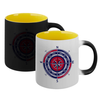 Wind compass, Κούπα Μαγική εσωτερικό κίτρινη, κεραμική 330ml που αλλάζει χρώμα με το ζεστό ρόφημα