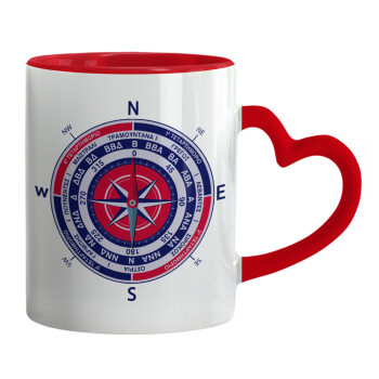 Wind compass, Mug heart red handle, ceramic, 330ml