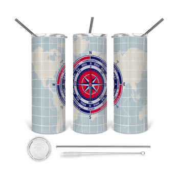 Ανεμολόγιο χάρτης πυξίδα ναυτικού, Tumbler ποτήρι θερμό από ανοξείδωτο ατσάλι 600ml, με μεταλλικό καλαμάκι & βούρτσα καθαρισμού