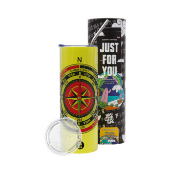 Ανεμολόγιο χάρτης πυξίδα ναυτικού, Neon Yellow Travel Tumbler θερμό, μεταλλικό καλαμάκι(Ανωξείδωτο 304 Food grade, BPA free, 600ml)