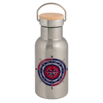 Wind compass, Stainless steel metallic thermos flask, silver with a bamboo lid, double-walled, 350ml.