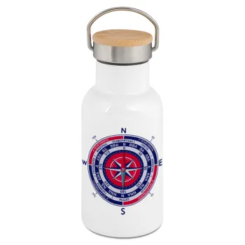 Wind compass, Metallic thermos (Stainless steel) White with wooden lid (bamboo), double-walled, 350ml