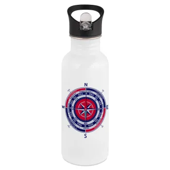 Ανεμολόγιο χάρτης πυξίδα ναυτικού, Παγούρι νερού Λευκό με καλαμάκι, ανοξείδωτο ατσάλι 600ml