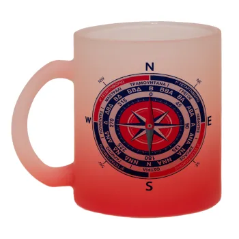 Ανεμολόγιο χάρτης πυξίδα ναυτικού, Κούπα γυάλινη δίχρωμη με βάση το κόκκινο ματ, 330ml