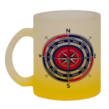 Ανεμολόγιο χάρτης πυξίδα ναυτικού, Κούπα γυάλινη δίχρωμη με βάση το κίτρινο ματ, 330ml