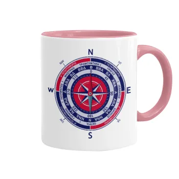 Ανεμολόγιο χάρτης πυξίδα ναυτικού, Κούπα χρωματιστή ροζ, κεραμική, 330ml