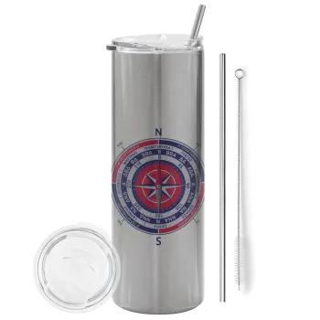 Ανεμολόγιο χάρτης πυξίδα ναυτικού, Tumbler ποτήρι θερμό Ασημένιο από ανοξείδωτο ατσάλι 600ml, με μεταλλικό καλαμάκι & βούρτσα καθαρισμού