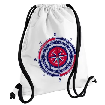 Wind compass, Backpack pouch GYMBAG white, with pocket (40x48cm) & thick cords