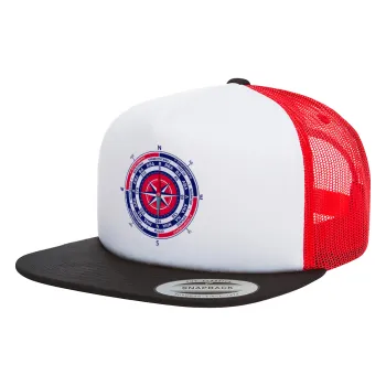 Wind compass, Adult Foam Flat Snapback with Mesh Black-White-Red (POLYESTER, ADULT, UNISEX, ONE SIZE)
