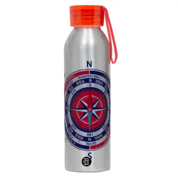 Ανεμολόγιο χάρτης πυξίδα ναυτικού, Αλουμινένιο Αθλητικό Μπουκάλι 650ml – Ασημί με Κόκκινο Καπάκι και Λουράκι Σιλικόνης
