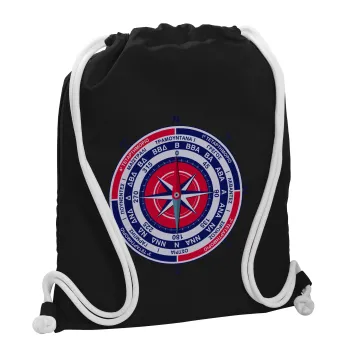 Ανεμολόγιο χάρτης πυξίδα ναυτικού, Τσάντα πλάτης πουγκί GYMBAG Μαύρη, με τσέπη (40x48cm) & χονδρά λευκά κορδόνια