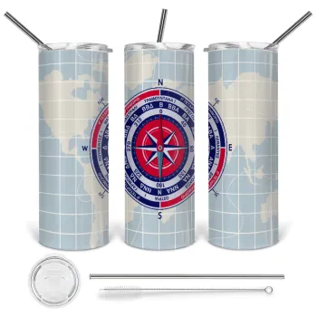 Ανεμολόγιο χάρτης πυξίδα ναυτικού, Tumbler ποτήρι θερμό από ανοξείδωτο ατσάλι 600ml, με μεταλλικό καλαμάκι & βούρτσα καθαρισμού
