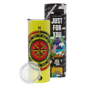 Ανεμολόγιο χάρτης πυξίδα ναυτικού, Neon Yellow Travel Tumbler θερμό, μεταλλικό καλαμάκι(Ανωξείδωτο 304 Food grade, BPA free, 600ml)