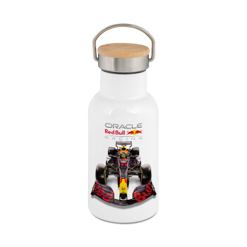 Redbull Racing Team F1, Μεταλλικό παγούρι θερμός (Stainless steel) Λευκό με ξύλινο καπακι (bamboo), διπλού τοιχώματος, 350ml