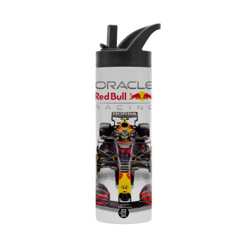 Redbull Racing Team F1, Μεταλλικό παγούρι θερμός με καλαμάκι & χειρολαβή, ανοξείδωτο ατσάλι (Stainless steel 304), διπλού τοιχώματος, 600ml