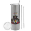 Tumbler ποτήρι θερμό Ασημένιο από ανοξείδωτο ατσάλι 600ml, με μεταλλικό καλαμάκι & βούρτσα καθαρισμού