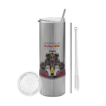 Redbull Racing Team F1, Eco friendly ποτήρι θερμό Ασημένιο (tumbler) από ανοξείδωτο ατσάλι 600ml, με μεταλλικό καλαμάκι & βούρτσα καθαρισμού