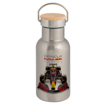 Redbull Racing Team F1, Μεταλλικό παγούρι θερμός (Stainless steel) Ασημένιο με ξύλινο καπακι (bamboo), διπλού τοιχώματος, 350ml