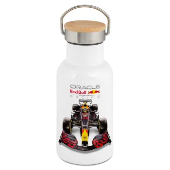 Redbull Racing Team F1, Metallic thermos (Stainless steel) White with wooden lid (bamboo), double-walled, 350ml