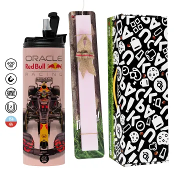 Redbull Racing Team F1, Πασχαλινή Λαμπάδα με  ΡΟΖ Travel Tumbler θερμό (600ml, BPA free) & κερί αρωματικό πλακέ (30cm) (ΡΟΖ)