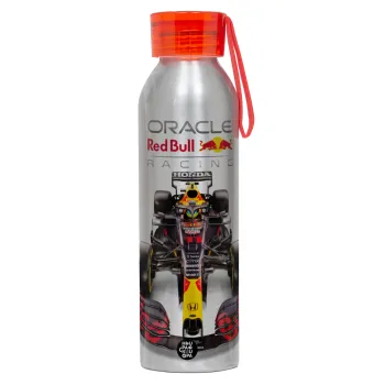 Redbull Racing Team F1, Αλουμινένιο Αθλητικό Μπουκάλι 650ml – Ασημί με Κόκκινο Καπάκι και Λουράκι Σιλικόνης