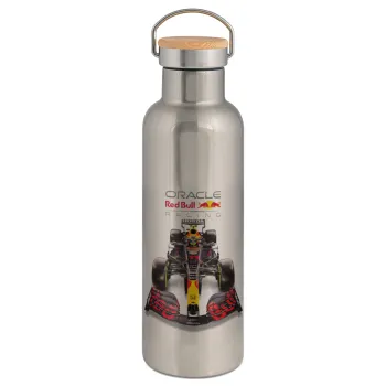 Redbull Racing Team F1, Μεταλλικό παγούρι θερμός (Stainless steel) Ασημένιο με ξύλινο καπακι (bamboo), διπλού τοιχώματος, 750ml