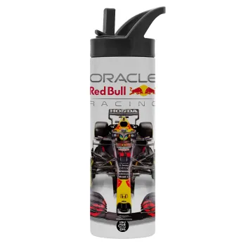 Redbull Racing Team F1, Μεταλλικό παγούρι θερμός με καλαμάκι & χειρολαβή, ανοξείδωτο ατσάλι (Stainless steel 304), διπλού τοιχώματος, 600ml