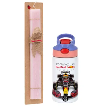 Redbull Racing Team F1, Easter Set, Children's thermal stainless steel water bottle with safety straw, pink/purple (350ml) & Easter scented flat candle (30cm) (PINK)