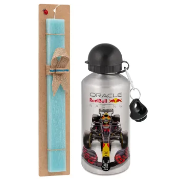 Redbull Racing Team F1, Easter Set, metallic silver aluminum water bottle (500ml) & scented flat Easter candle (30cm) (TURQUOISE)