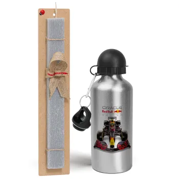 Redbull Racing Team F1, Easter Set, metallic silver aluminum water bottle (500ml) & aromatic flat Easter candle (30cm) (GRAY)