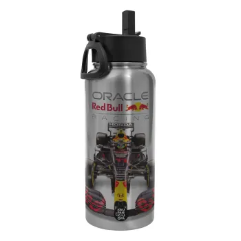 Redbull Racing Team F1, Μεταλλικό παγούρι θερμός Silver με καλαμάκι και χερούλι (Stainless steel), διπλού τοιχώματος, 950ml