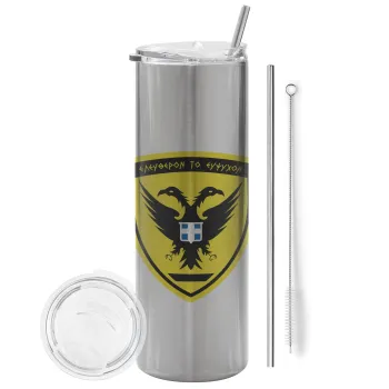 Ελληνικός Στρατός, Tumbler stainless steel Silver 600ml, with metal straw & cleaning brush